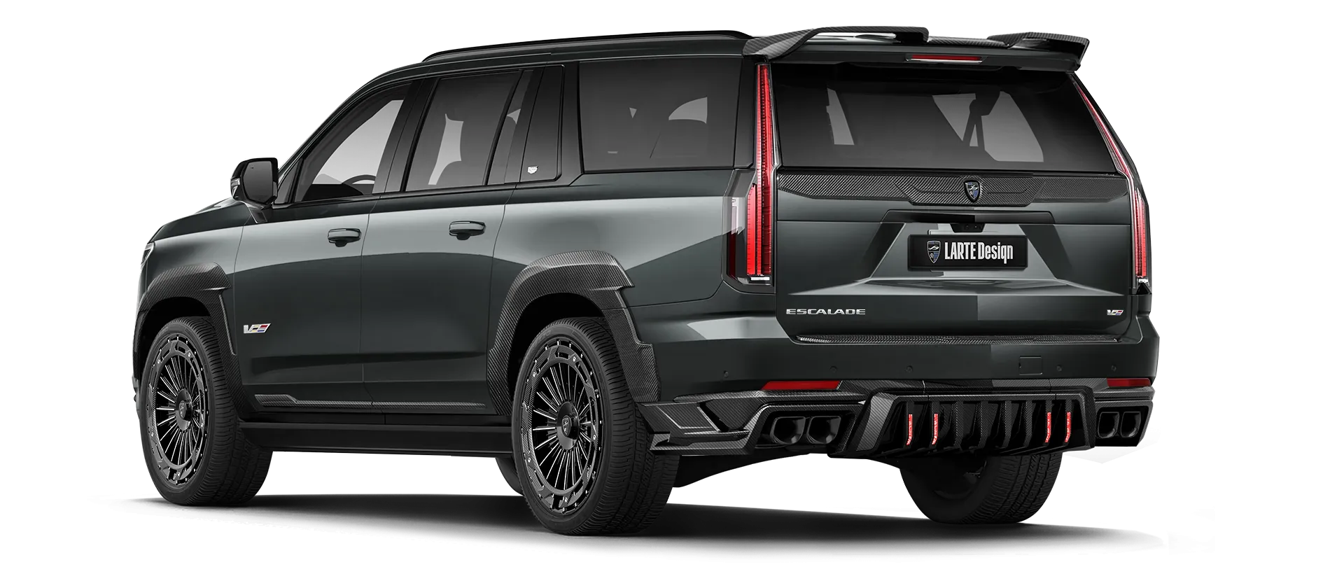 CADILLAC ESCALADE V V ESV 2024-2026 mit Karbon-Karosserie-Kit: Rückansicht in Aegeon Stone