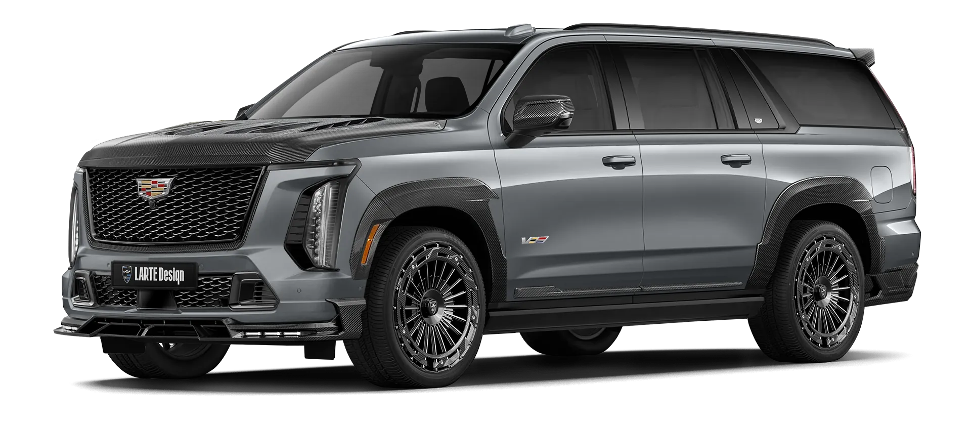 CADILLAC ESCALADE V V ESV 2024-2026 mit Karbon-Karosserie-Kit: Frontansicht in Argent Silver
