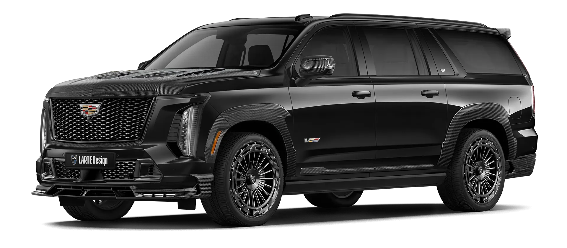 CADILLAC ESCALADE V V ESV 2024-2026 mit Karbon-Karosserie-Kit: Frontansicht in Black Raven