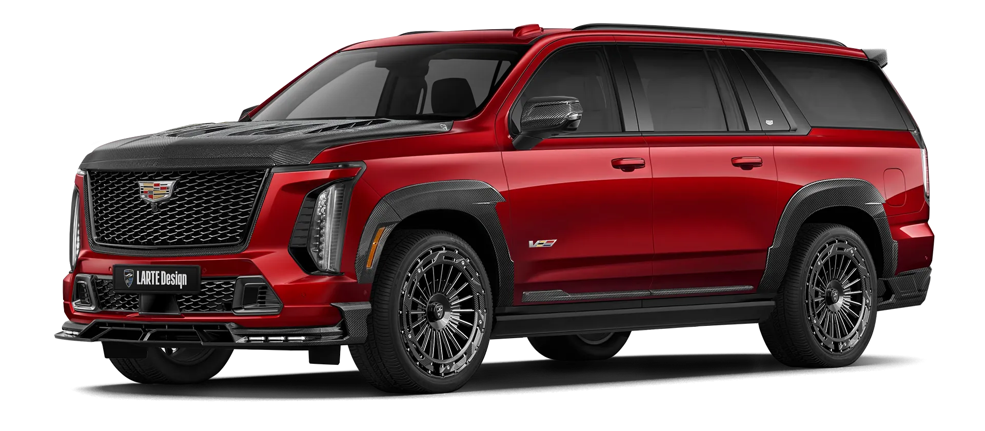 CADILLAC ESCALADE V V ESV 2024-2026 mit Karbon-Karosserie-Kit: Frontansicht in Radiant Red Tintcoat