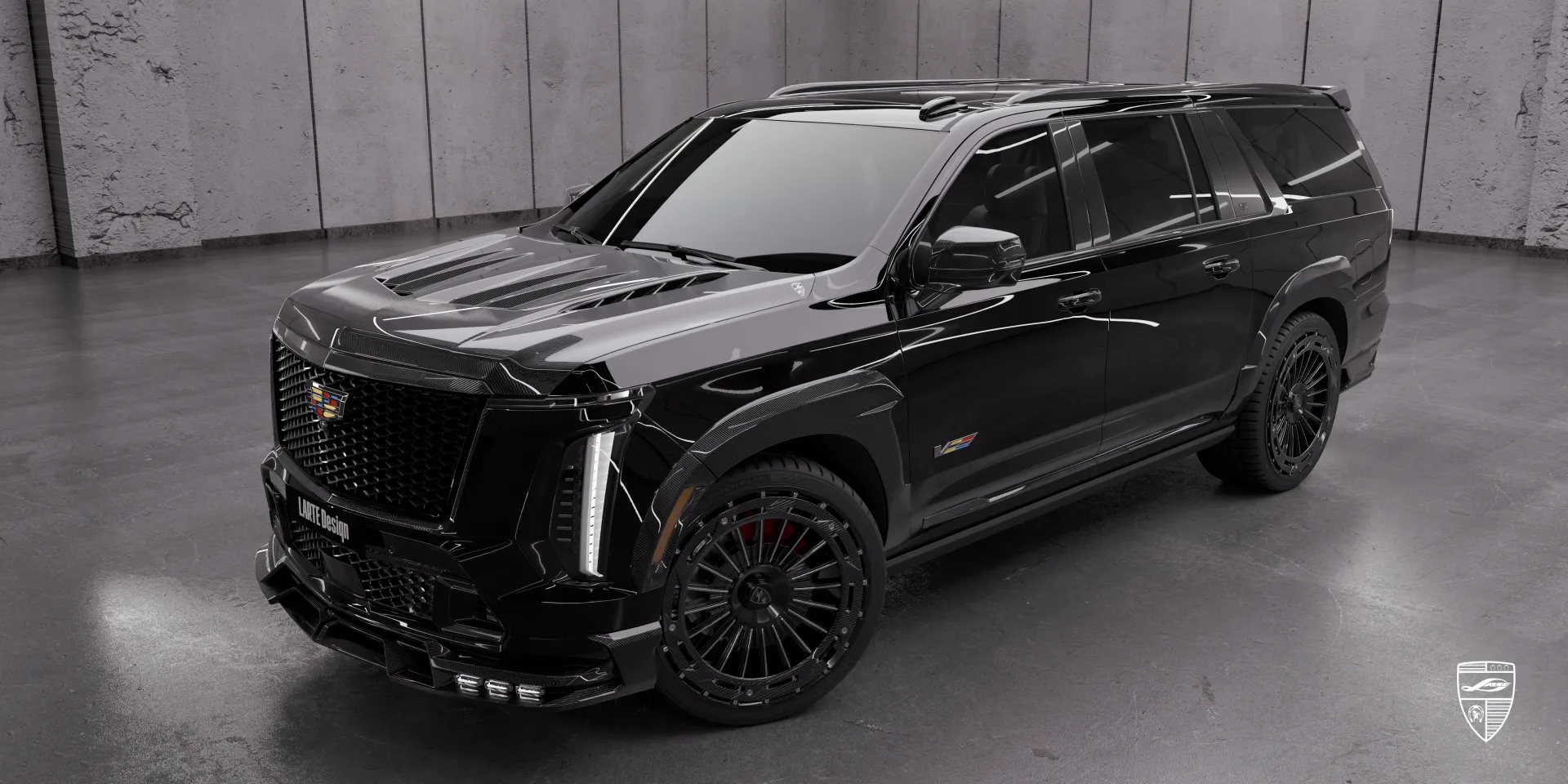 Schwarz Cadillac Escalade‑V ESV Facelift‑Karosserieset mit limitierter Carbon‑Optik