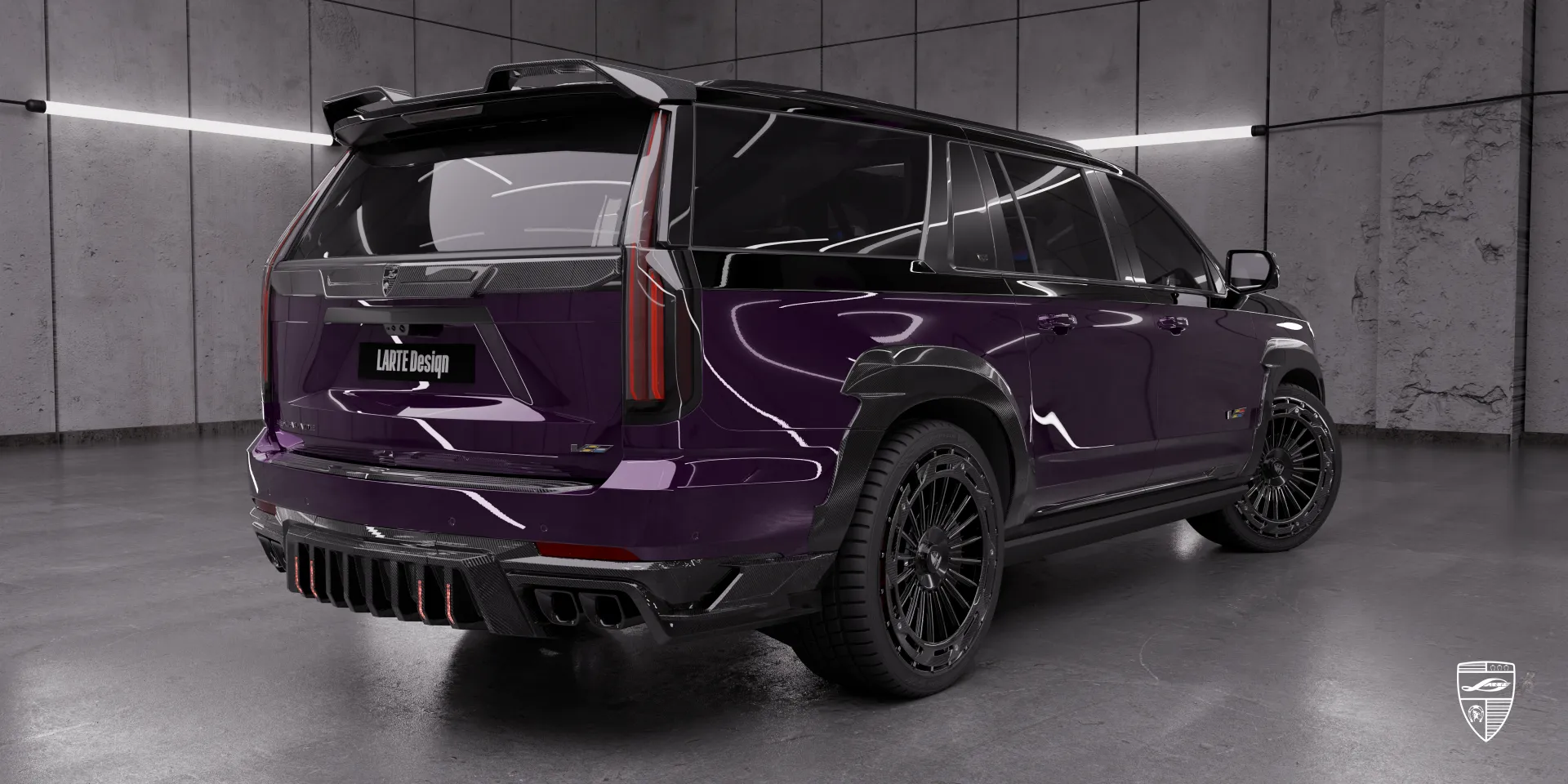 Violett Cadillac Escalade‑V ESV Facelift‑Karosserieset mit skulptierten Kotflügel‑Erweiterungen
