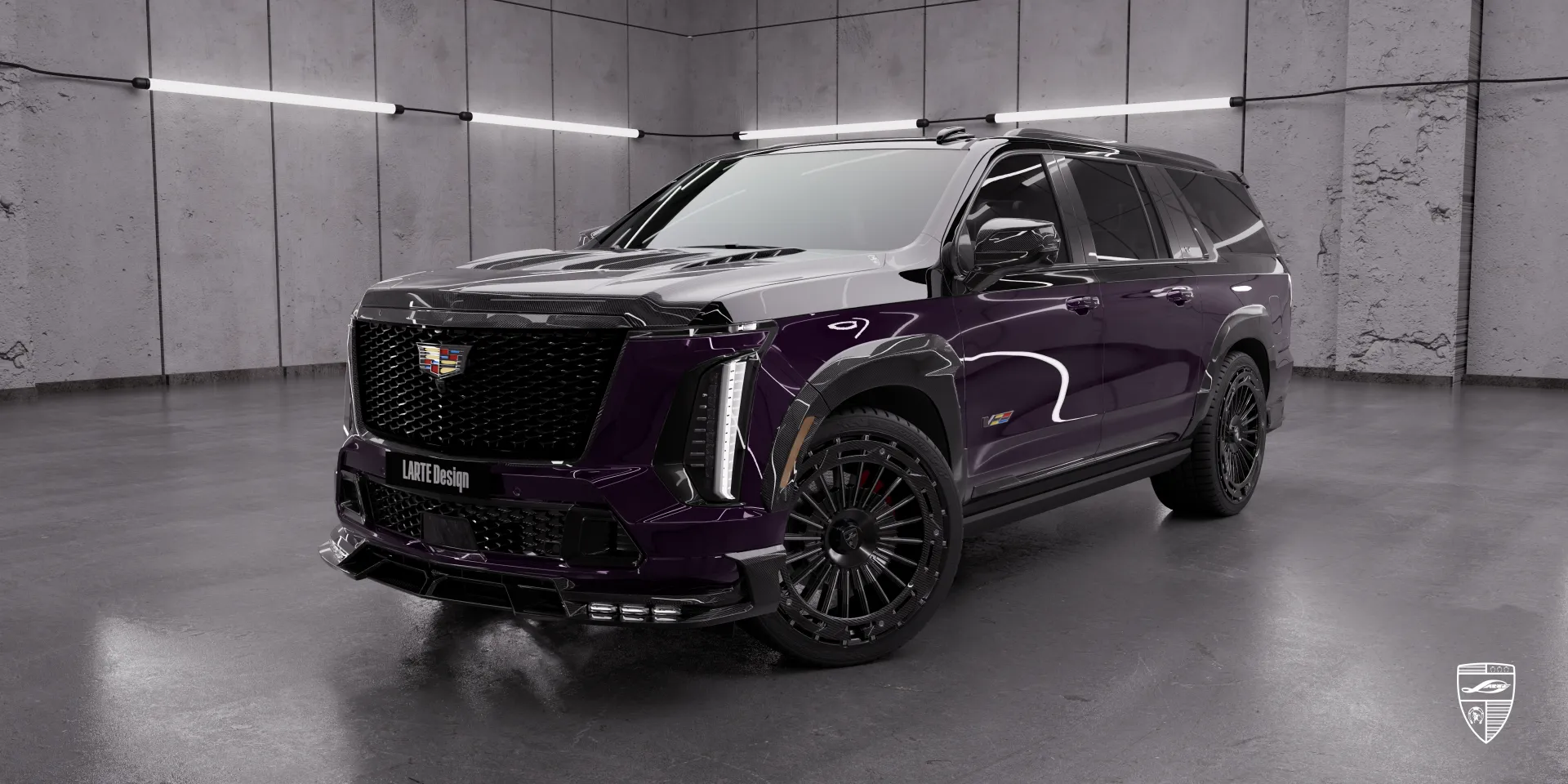 Violett Cadillac Escalade‑V ESV Facelift‑Karosserieset als personalisiertes Paket erstellt