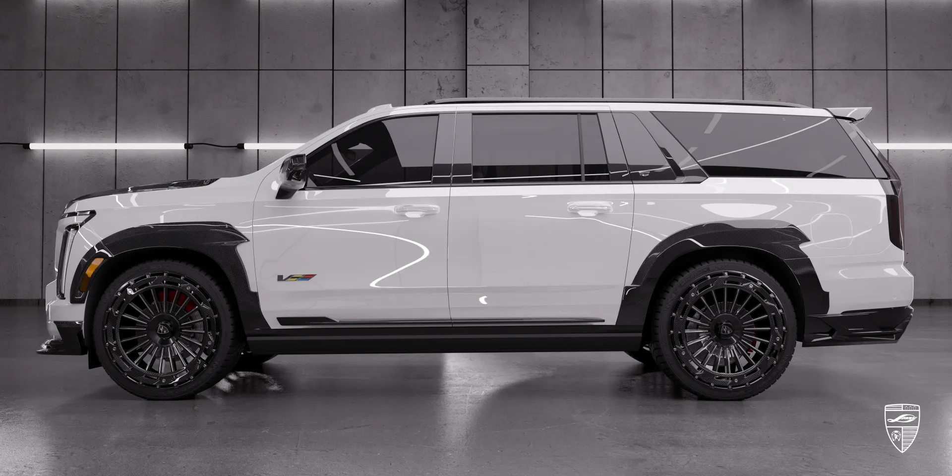 Weiß 2026 Cadillac Escalade‑V ESV Facelift‑Karosserieset zeigt ausgeprägten Geschmack auf Rädern