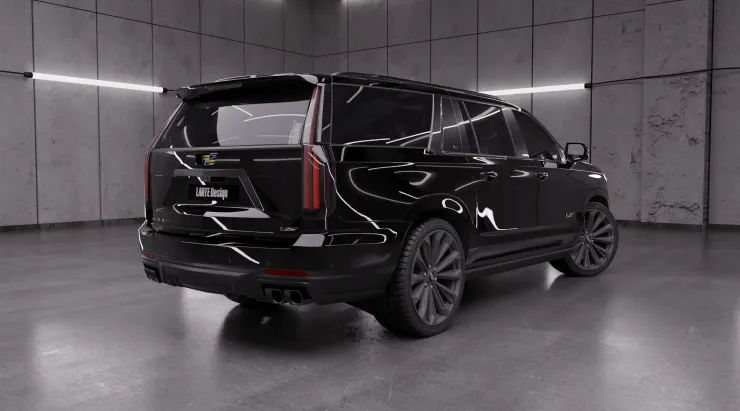 Schrägansicht von hinten auf einen CADILLAC ESCALADE V V ESV 2024-2026 mit Karosserie-Kit für ein individuelles Erscheinungsbild