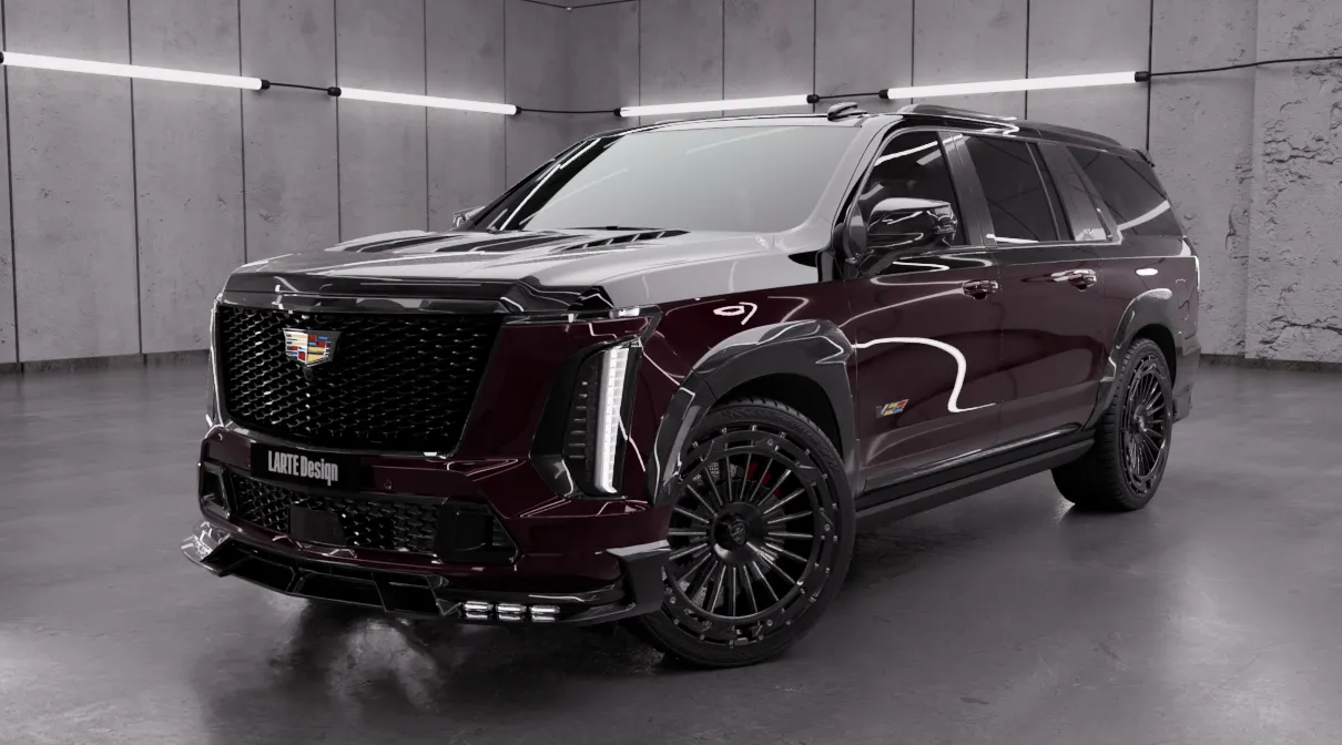 Schrägansicht von vorne auf einen CADILLAC ESCALADE V V ESV 2024-2026 mit Karosserie-Kit für ein individuelles Erscheinungsbild