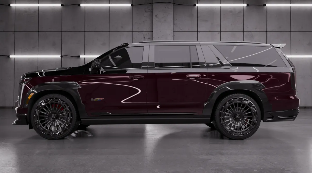 Seitenansicht eines CADILLAC ESCALADE V V ESV 2024-2026 mit Karosserie‑Kit, das dem Fahrzeug ein individuelles Erscheinungsbild verleiht