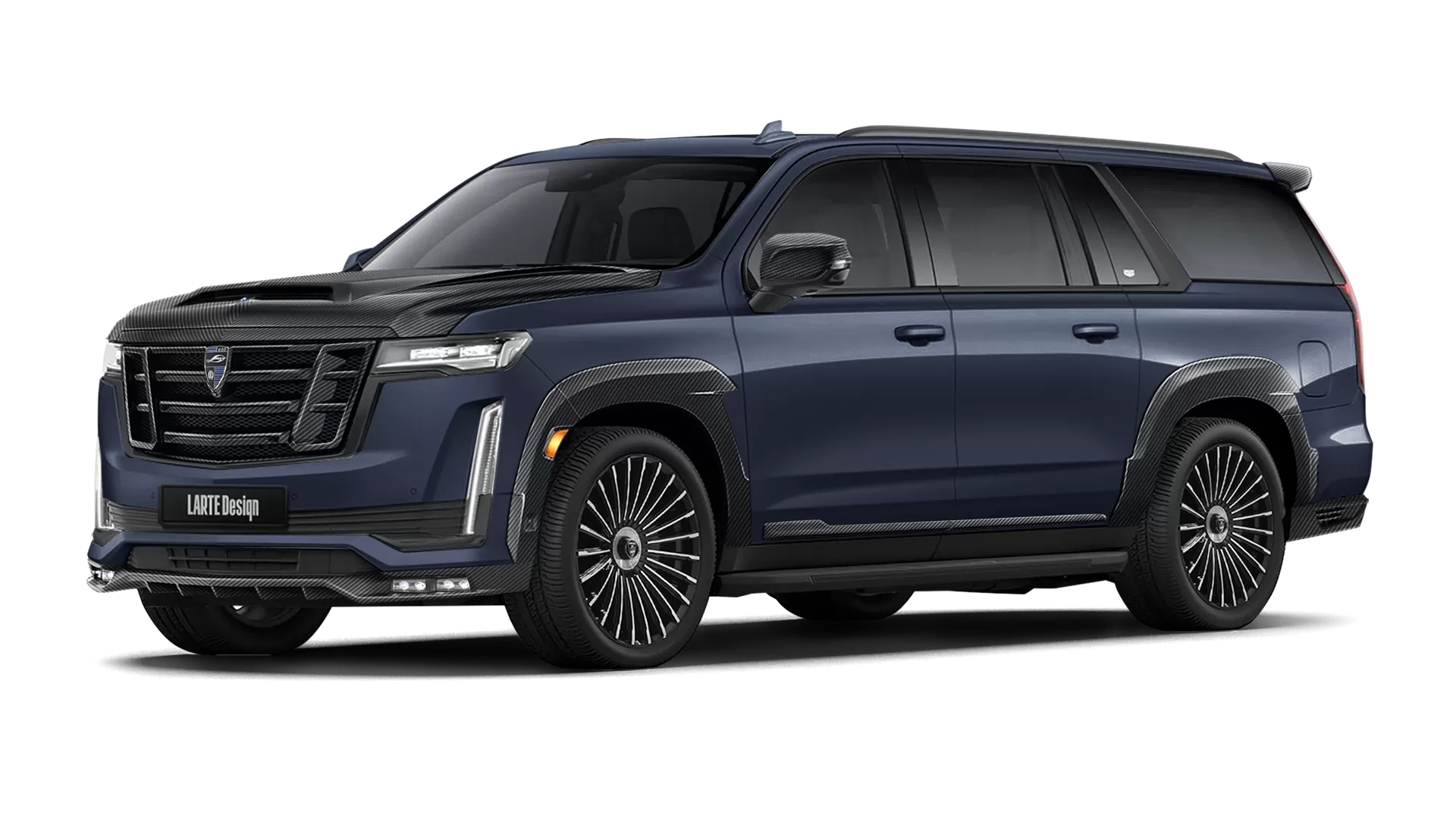 Cadillac Escalade ESV GMT 1XX with carbon body kit: front view shown in Dark Moon Blue