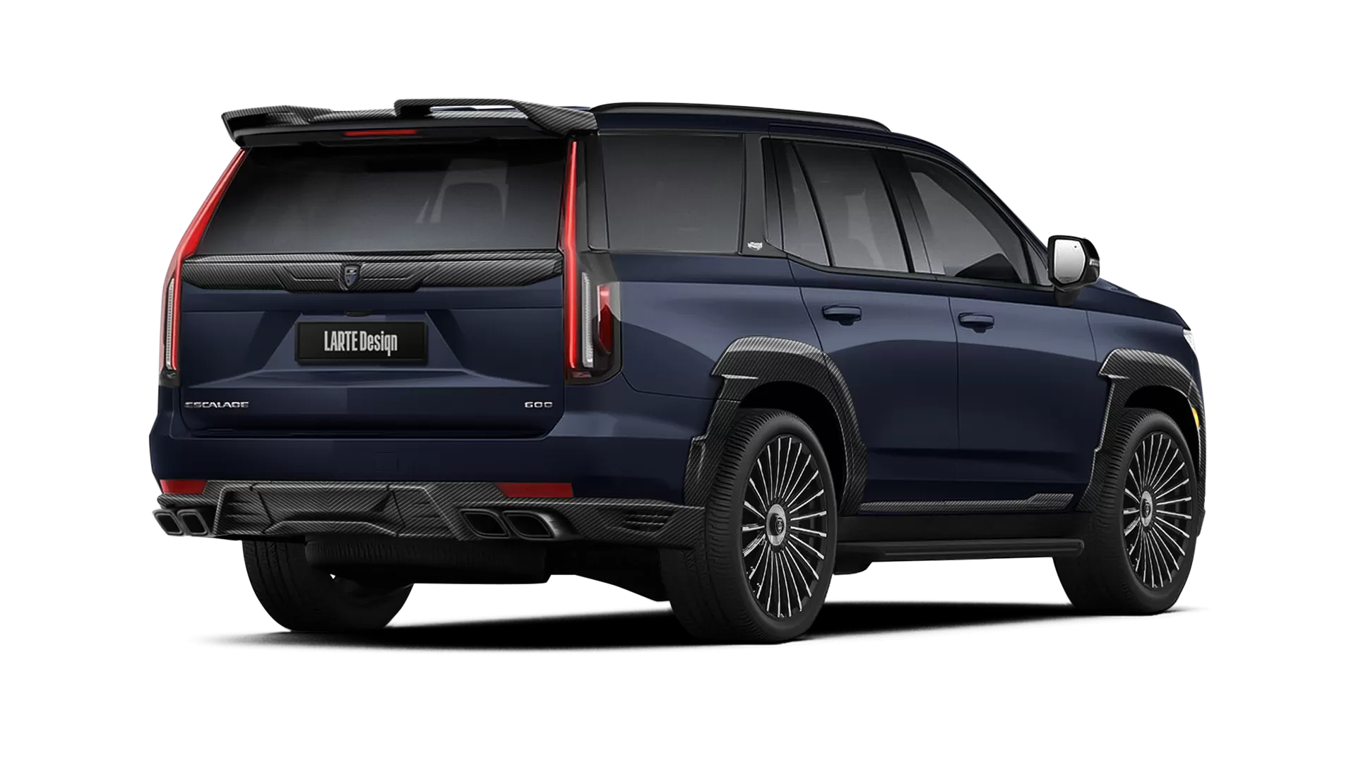 Cadillac Escalade ESV GMT 1XX with carbon body kit: back view shown in Dark Moon Blue