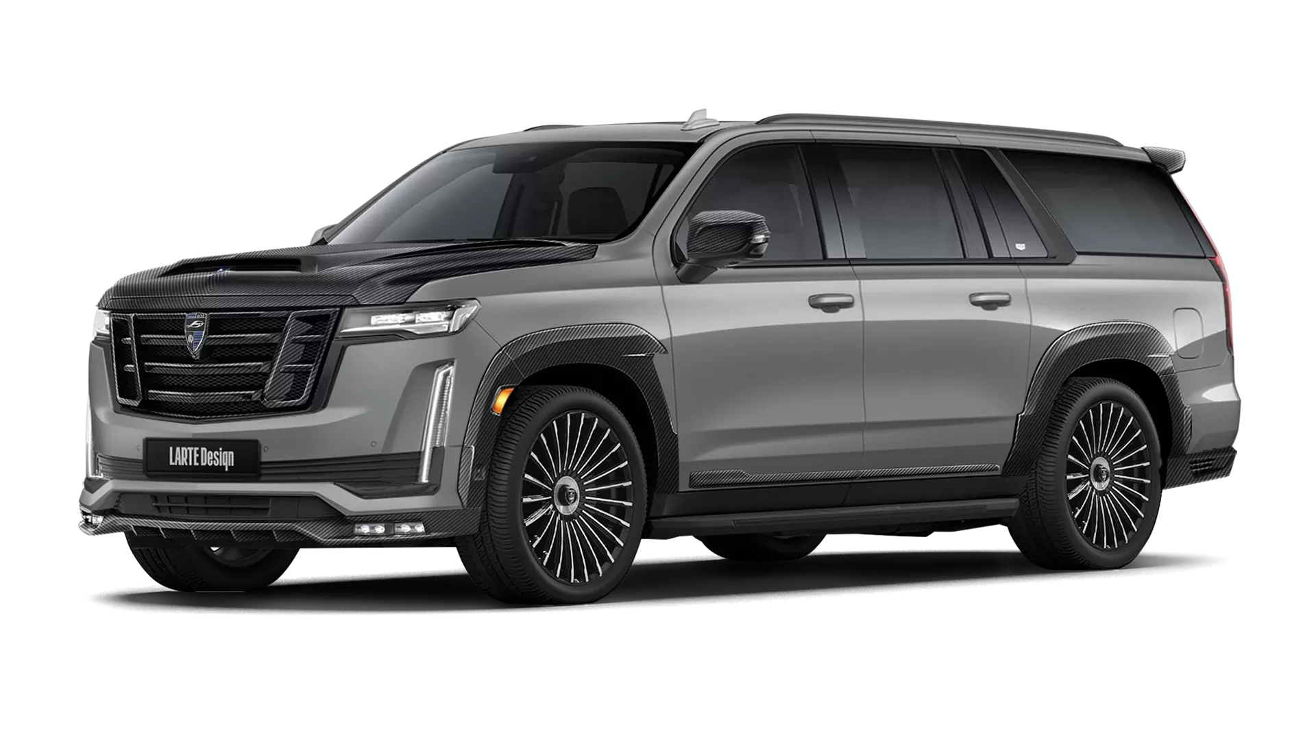 Cadillac Escalade ESV GMT 1XX with carbon body kit: front view shown in Satin Steel Metallic