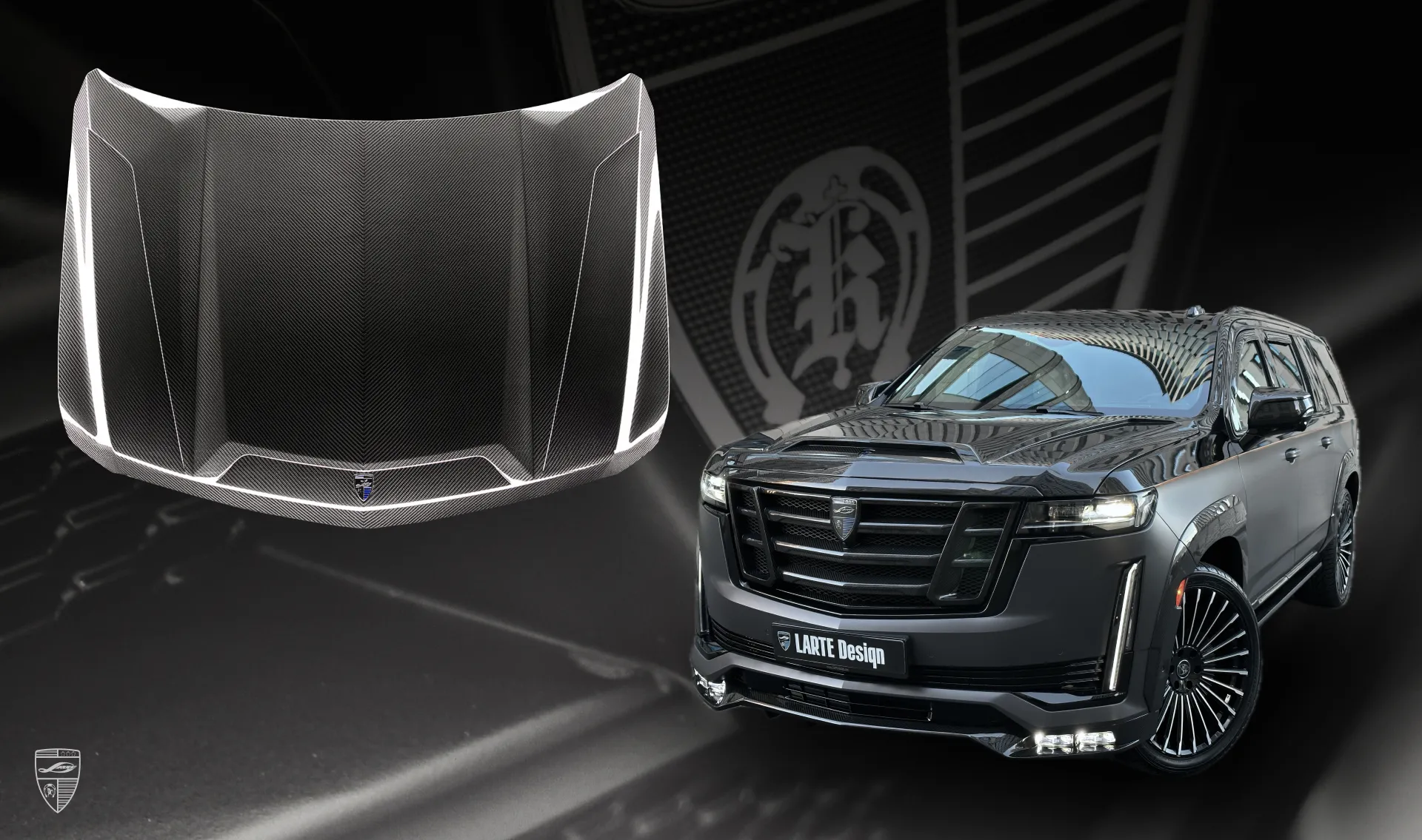 Carbon hood upgrade for the luxury car Cadillac Escalade ESV GMT 1XX from LARTE Design