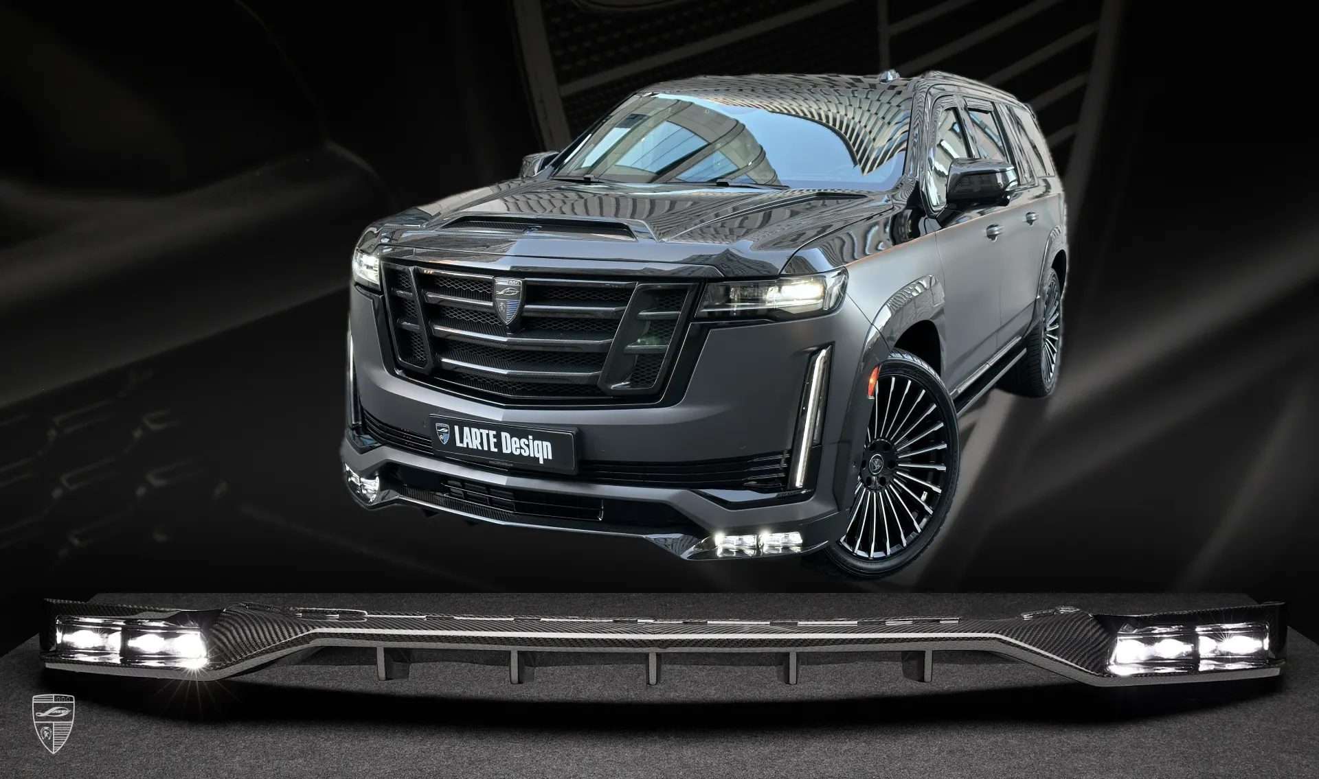 Carbon front bumper lip upgrade for the luxury car Cadillac Escalade ESV GMT 1XX from LARTE Design