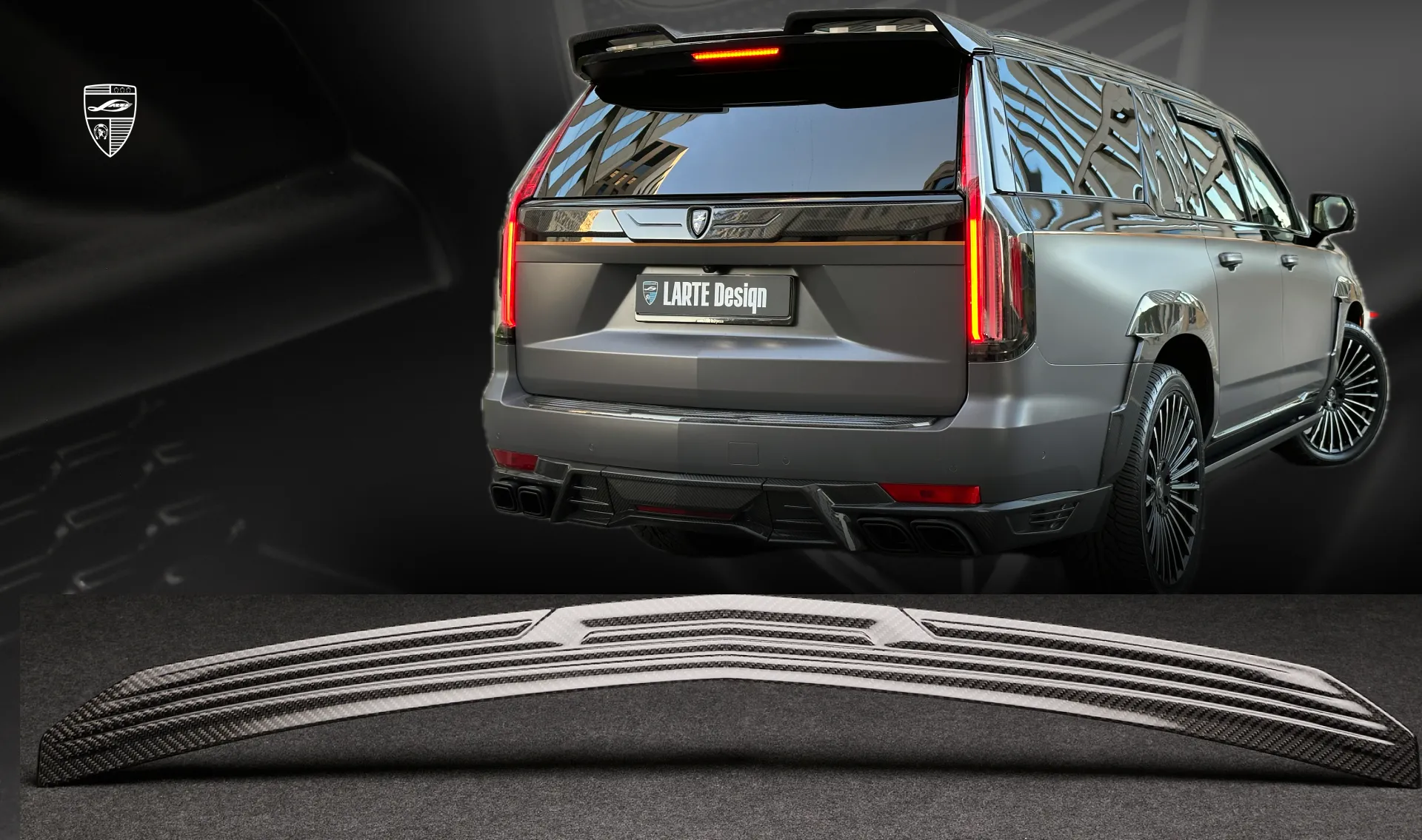 Carbon rear bumper trim upgrade for the luxury car Cadillac Escalade ESV GMT 1XX from LARTE Design