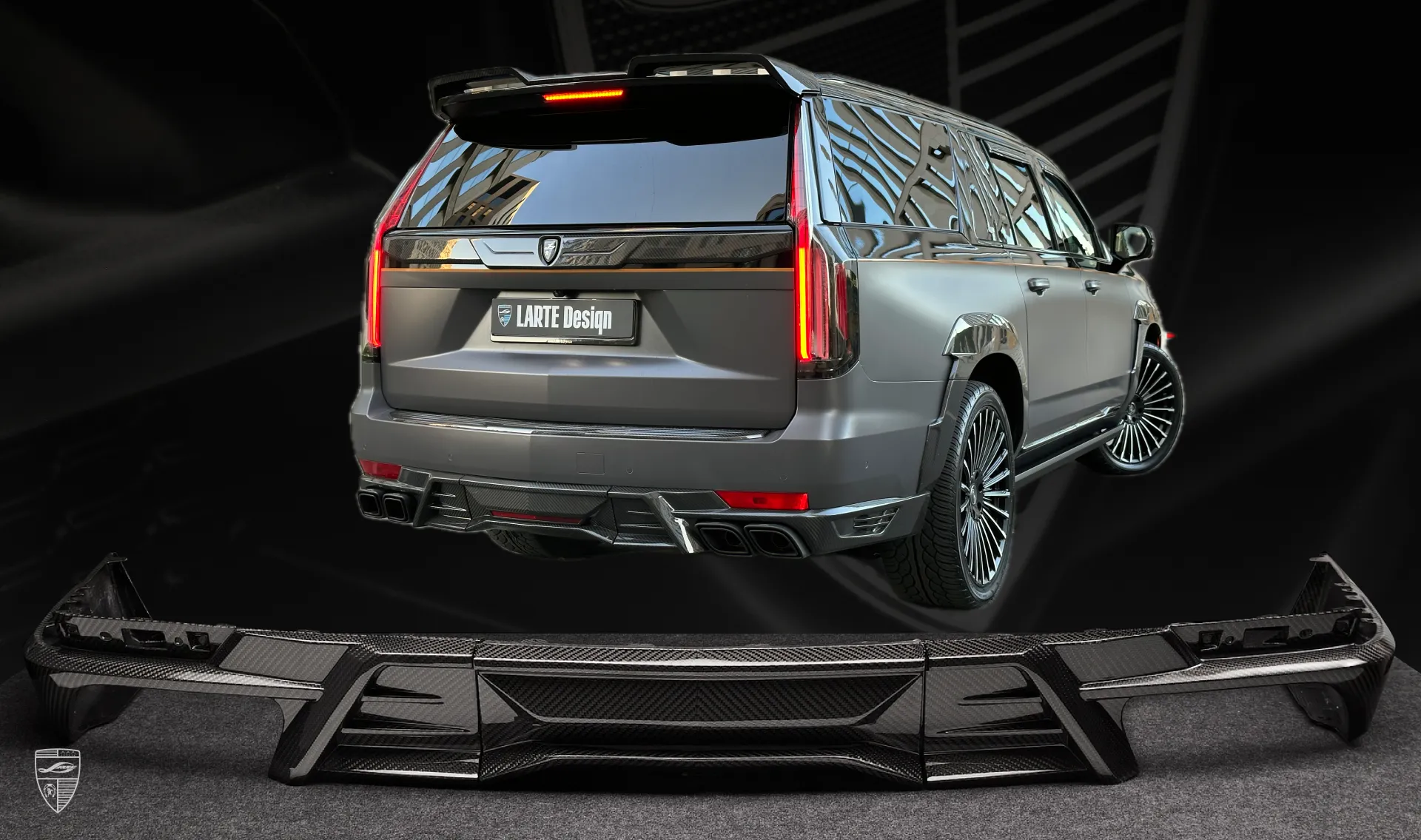 Carbon rear diffuser upgrade for the luxury car Cadillac Escalade ESV GMT 1XX from LARTE Design