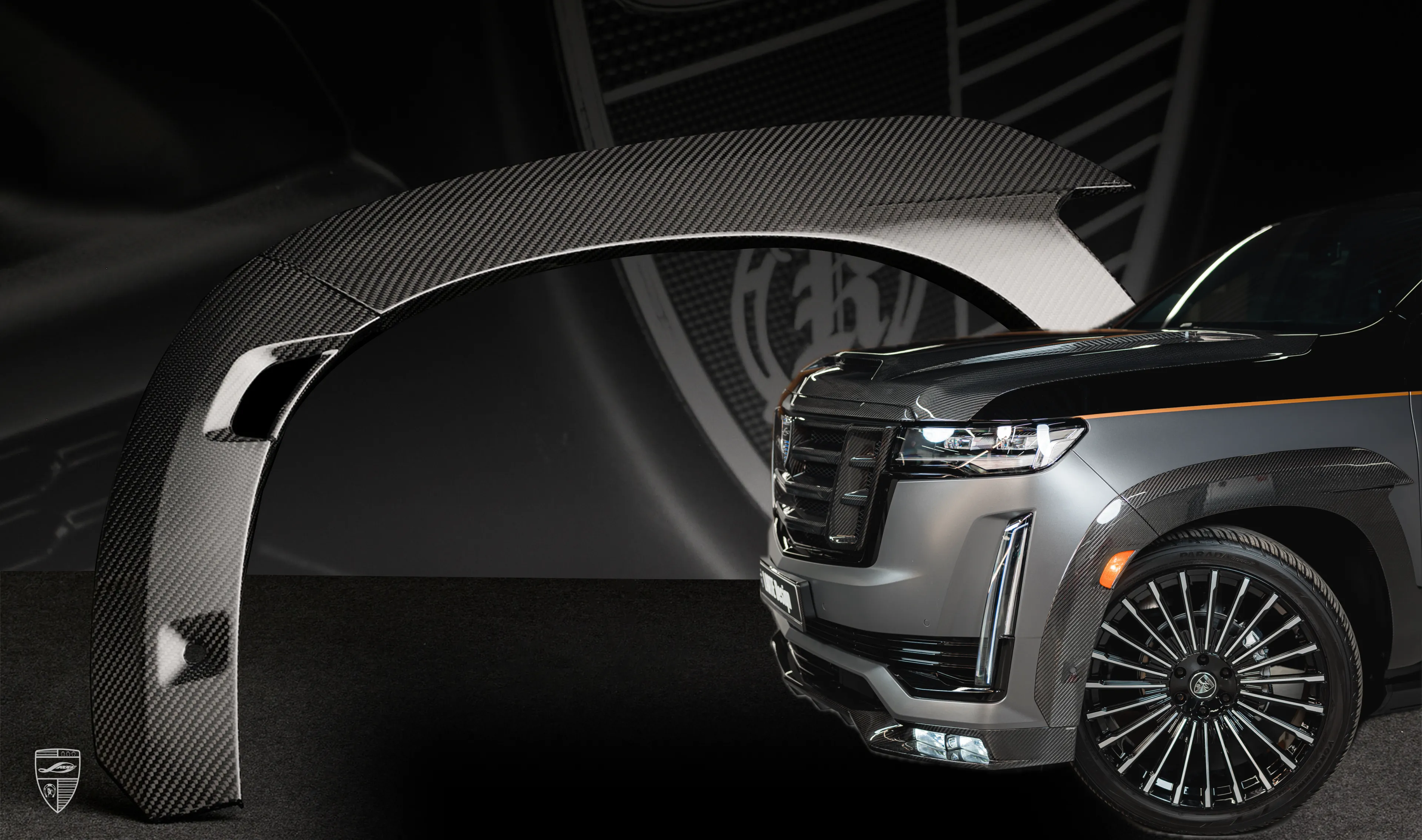 Carbon front arch extensions for your Cadillac Escalade ESV GMT 1XX in a conversion kit from LARTE Design