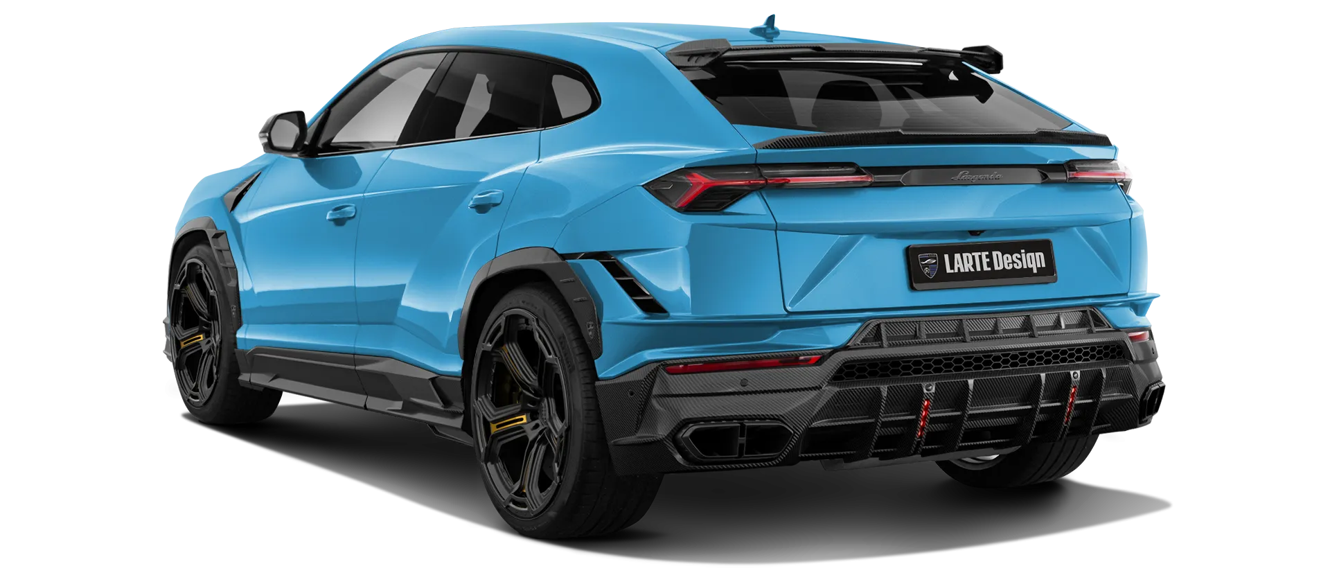 Lamborghini URUS S / Performante with carbon body kit: back view shown in Blu Cepheus