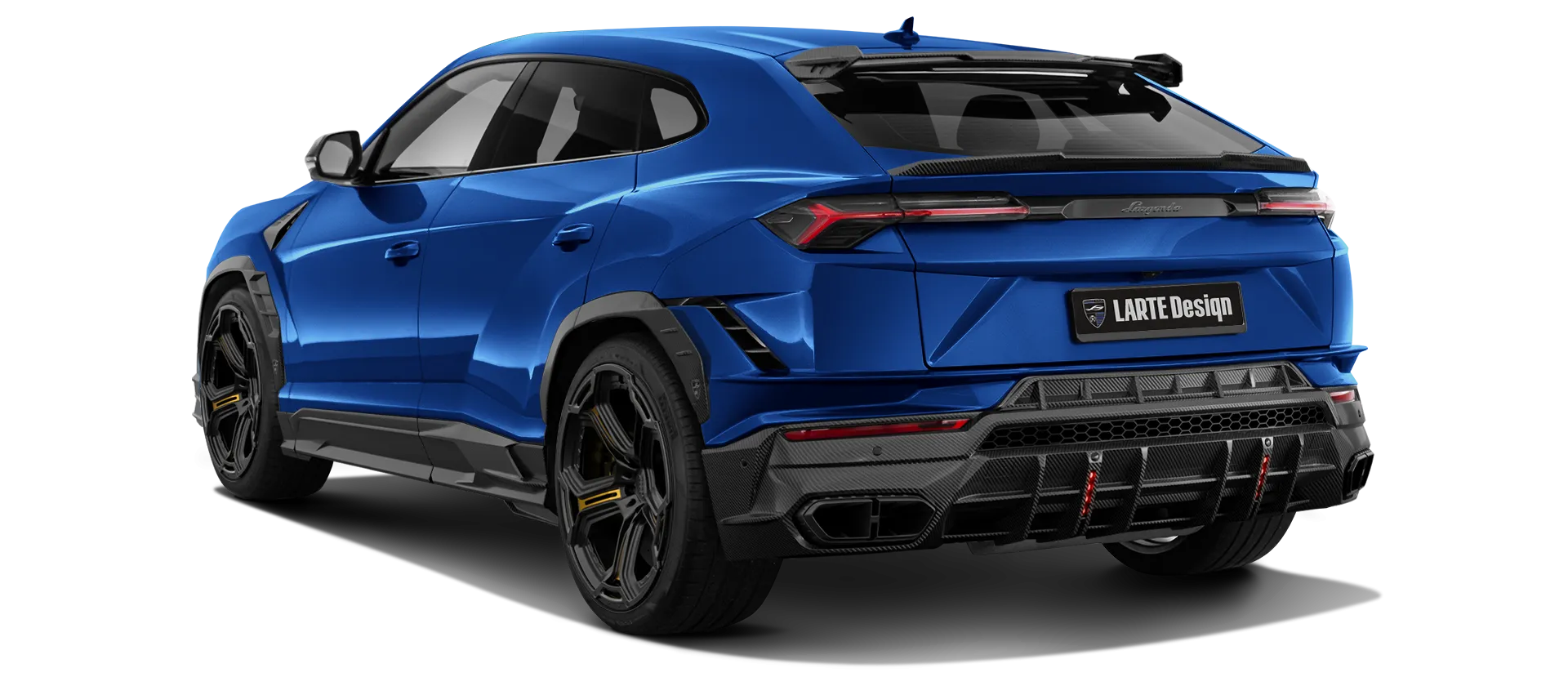 Lamborghini URUS S / Performante with carbon body kit: back view shown in Blu Nethus