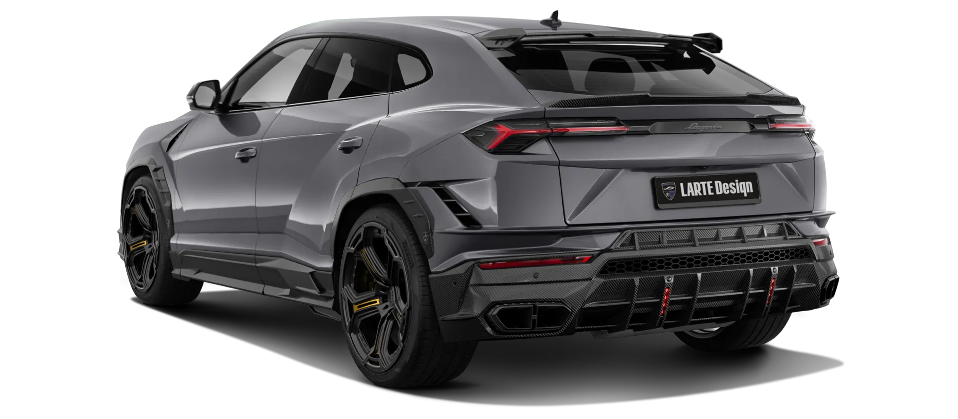 Lamborghini URUS S / Performante with carbon body kit: back view shown in Grigio Keres