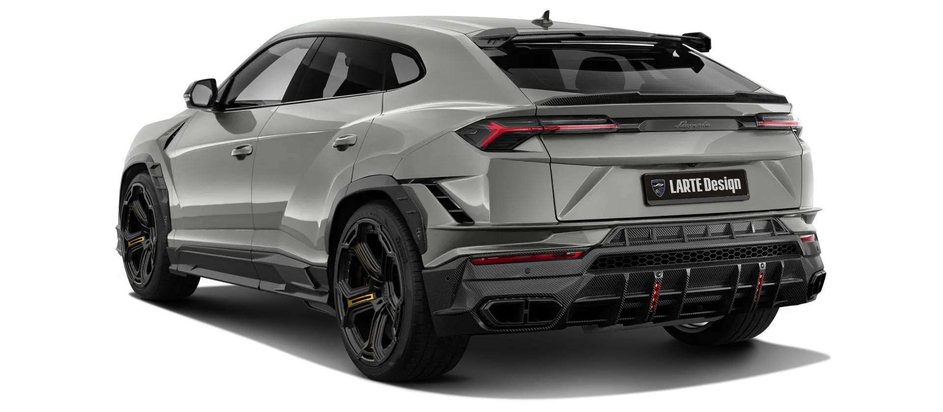 Lamborghini URUS S / Performante with carbon body kit: back view shown in Grigio Nimbus