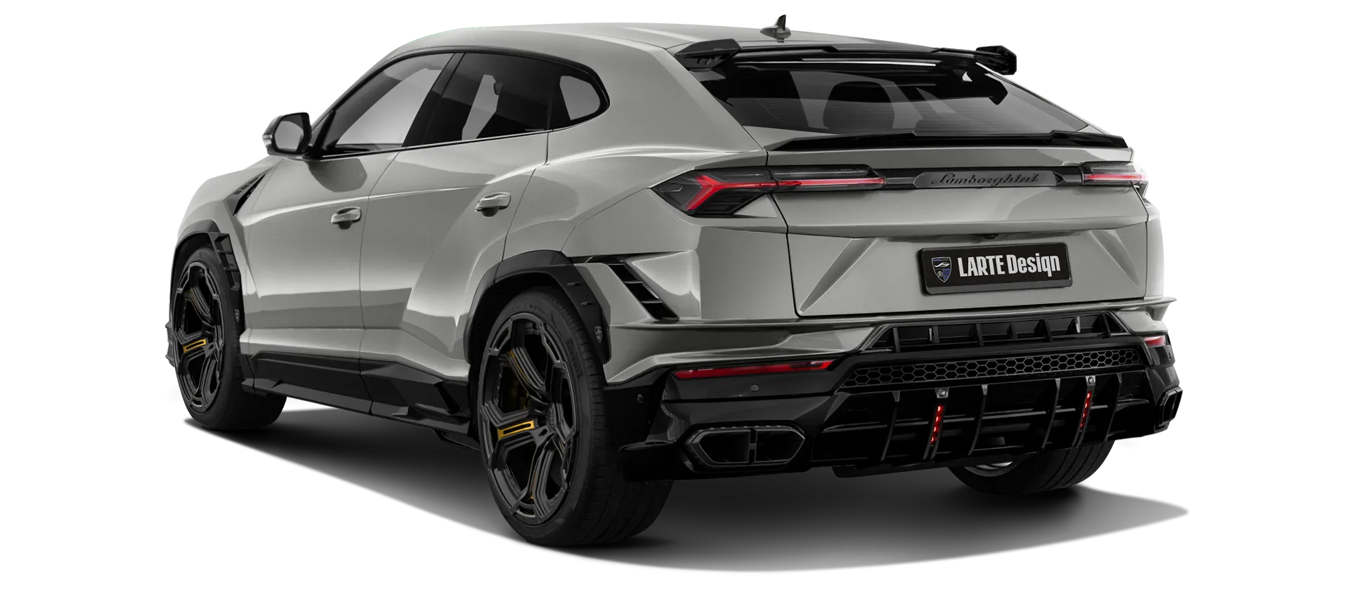 Lamborghini URUS S / Performante mit lackierte Rückansicht in Grigio Nimbus Lamborghini URUS S / Performante mit lackiertem Karosserie-Kit: Rückansicht in Grigio Nimbus