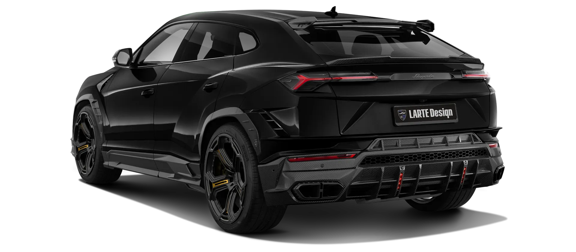 Lamborghini URUS S / Performante with carbon body kit: back view shown in Nero Helene