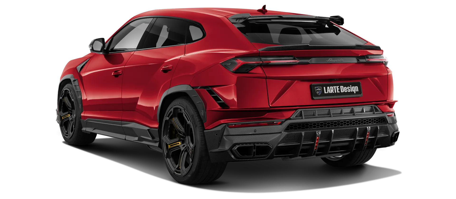Lamborghini URUS S / Performante with carbon body kit: back view shown in Rosso Anteros