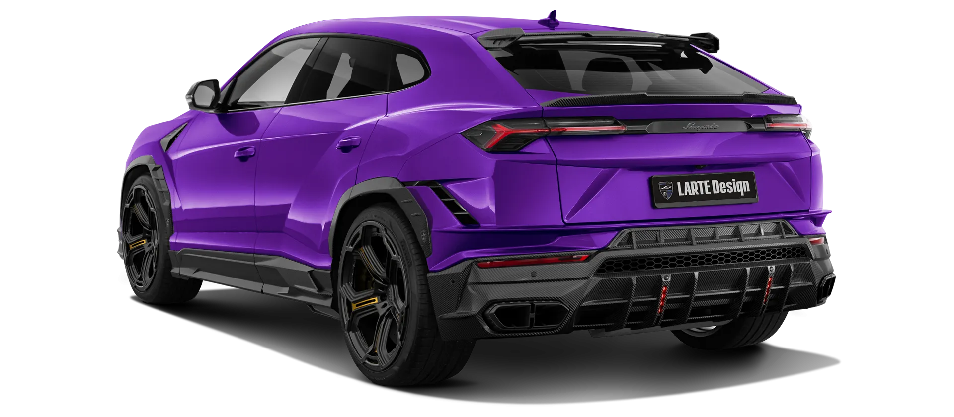 Lamborghini URUS S / Performante with carbon body kit: back view shown in Viola Mithras