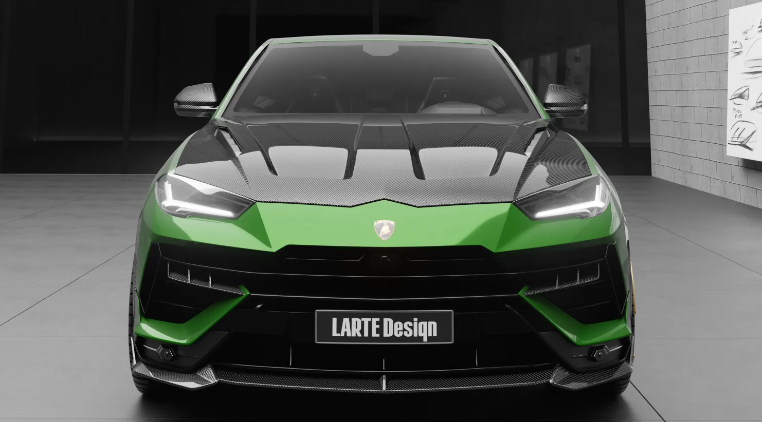 Frontansicht eines Lamborghini URUS S / Performante mit individuellem Erscheinungsbild Frontansicht eines Lamborghini URUS S / Performante mit einem Karosserie-Kit für ein individuelles Erscheinungsbild