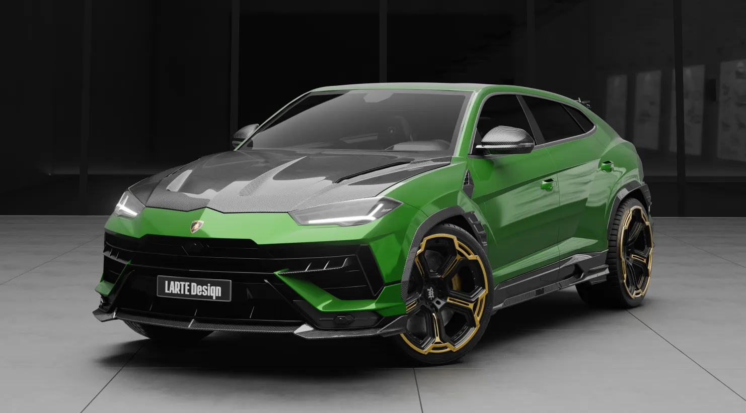 Schrägansicht von vorne auf einen Lamborghini URUS S / Performante mit individuellem Erscheinungsbild Schrägansicht von vorne auf einen Lamborghini URUS S / Performante mit Karosserie-Kit für ein individuelles Erscheinungsbild