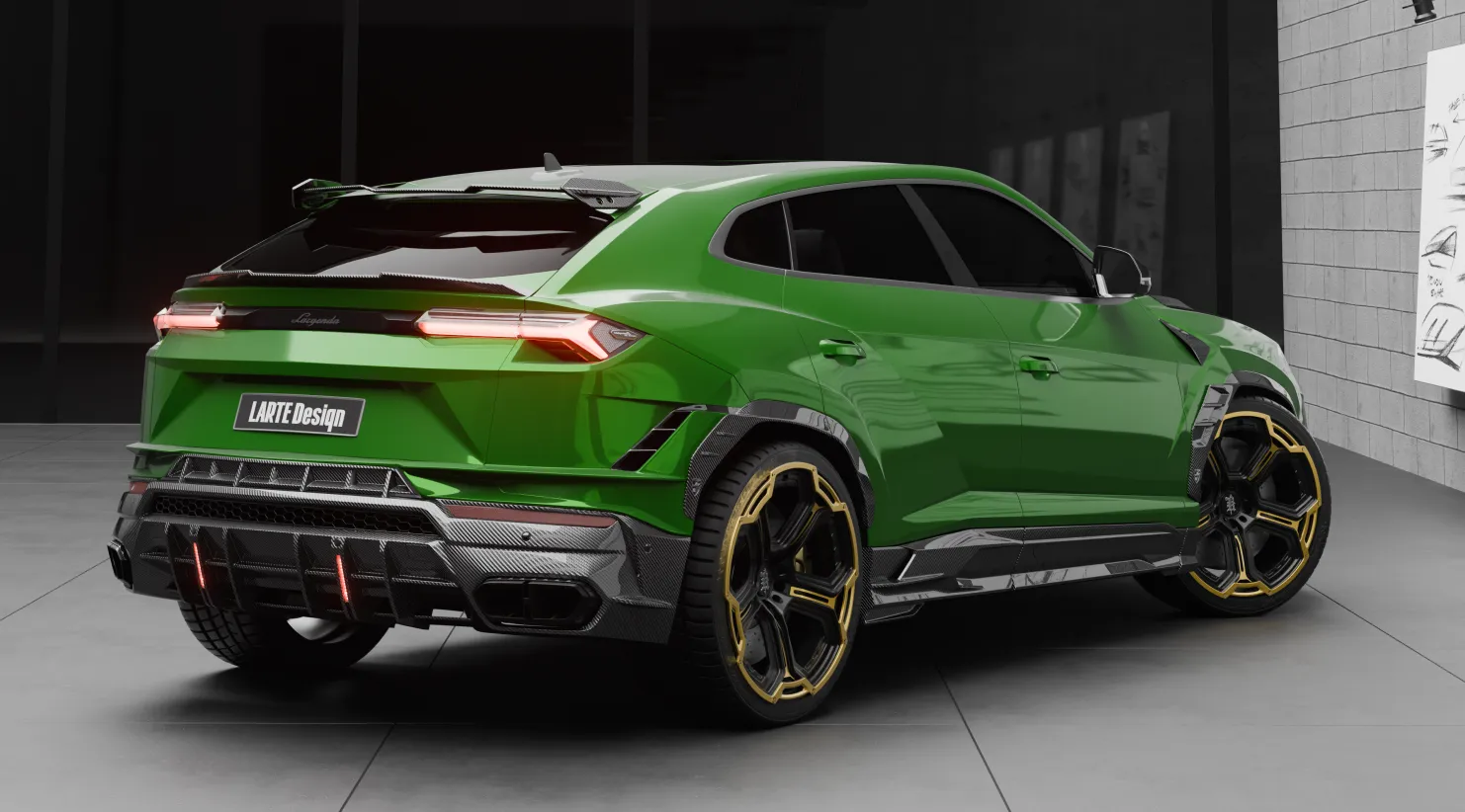 Rückansicht eines Lamborghini URUS S / Performante mit individuellem Erscheinungsbild Rückansicht eines Lamborghini URUS S / Performante mit einem Karosserie-Kit für ein individuelles Erscheinungsbild