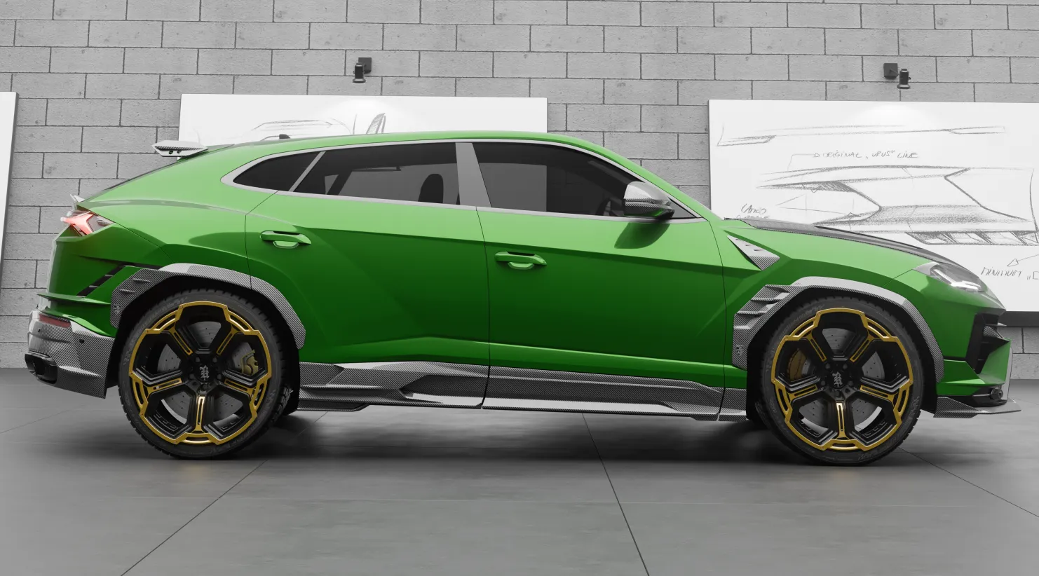 Schrägansicht von vorne auf einen Lamborghini URUS S / Performante mit individuellem Erscheinungsbild Schrägansicht von vorne auf einen Lamborghini URUS S / Performante mit Karosserie-Kit für ein individuelles Erscheinungsbild