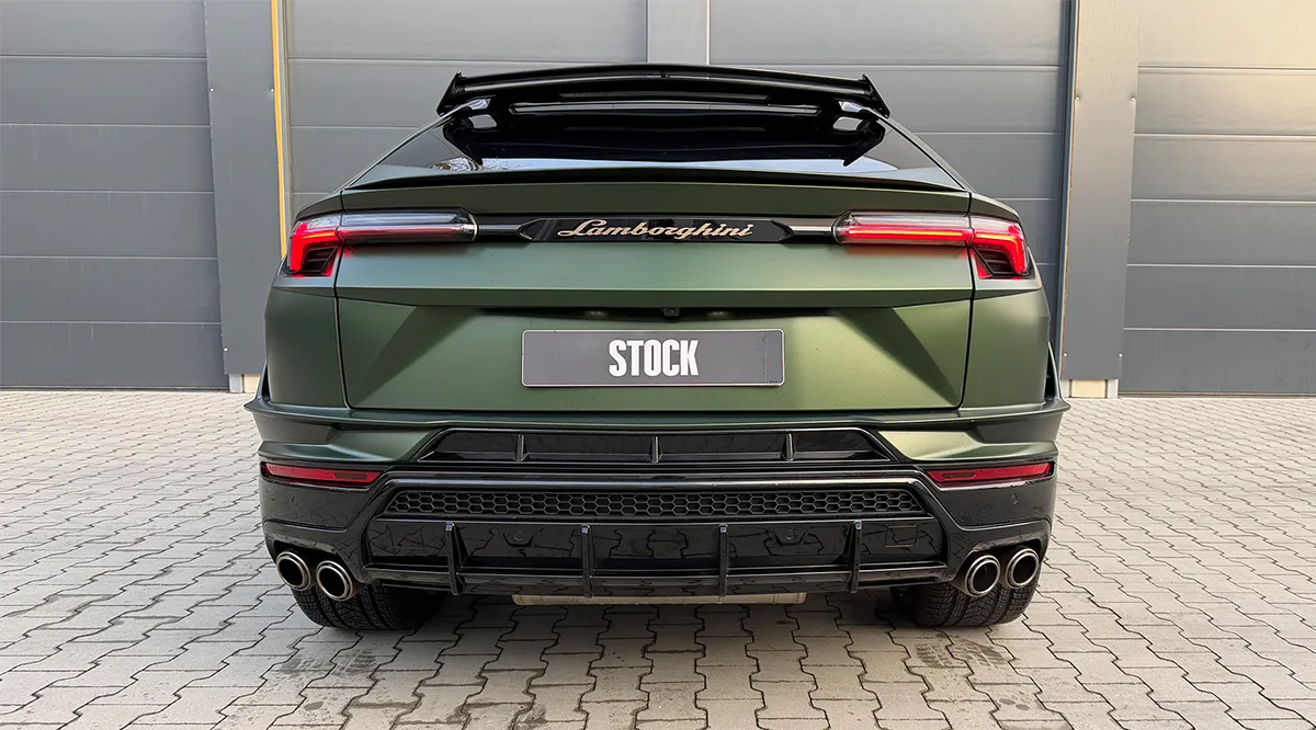 Rear angle view on a Lamborghini URUS Performante with a body kit giving the car a custom appearance