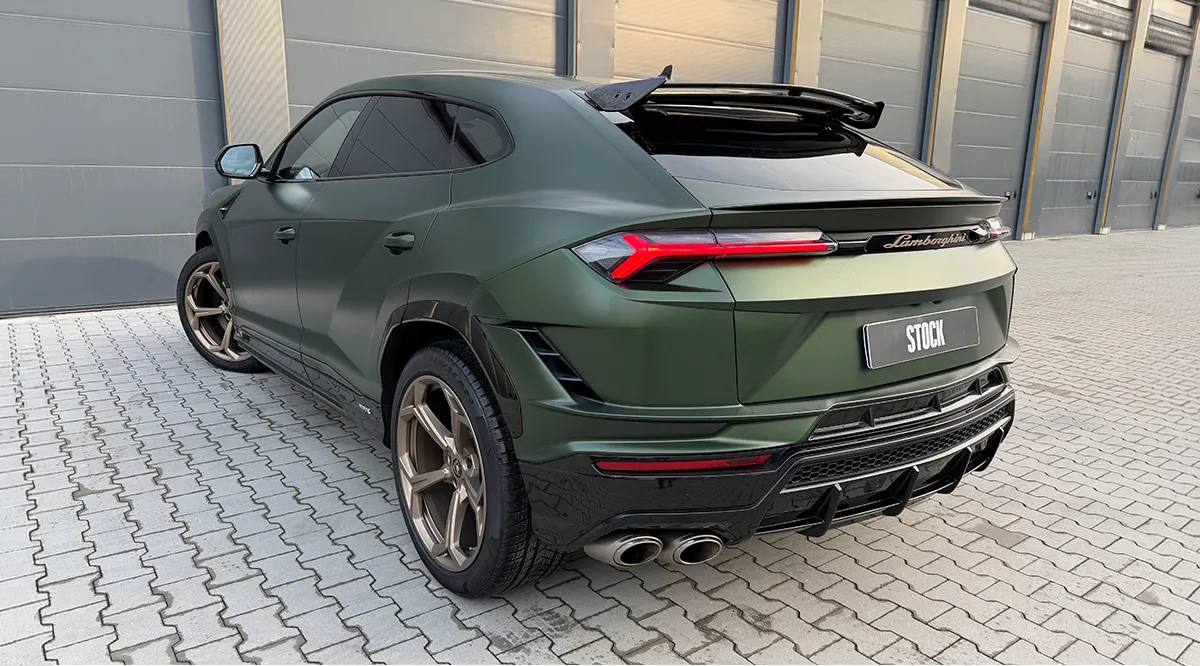 Rear view on a Lamborghini URUS Performante with a body kit giving the car a custom appearance