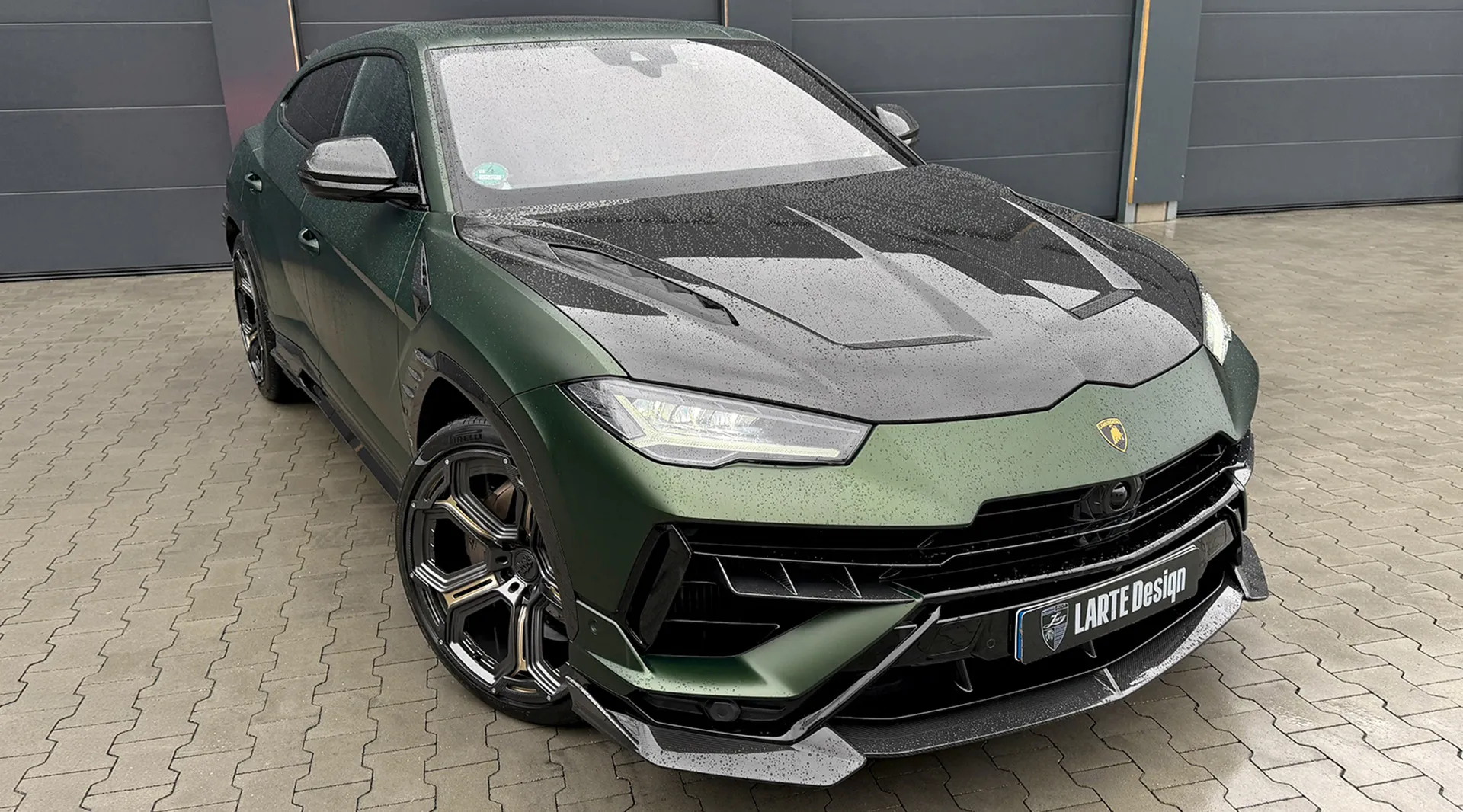 Front angle view on a Lamborghini URUS Performante with a body kit giving the car a custom appearance