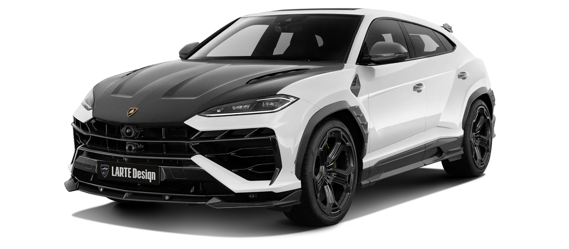 Lamborghini URUS SE with carbon body kit: front view shown in Bianco Icarus