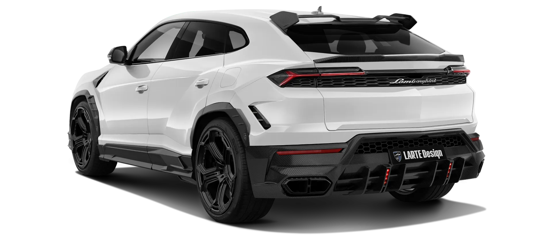 Lamborghini URUS SE with carbon body kit: back view shown in Bianco Icarus