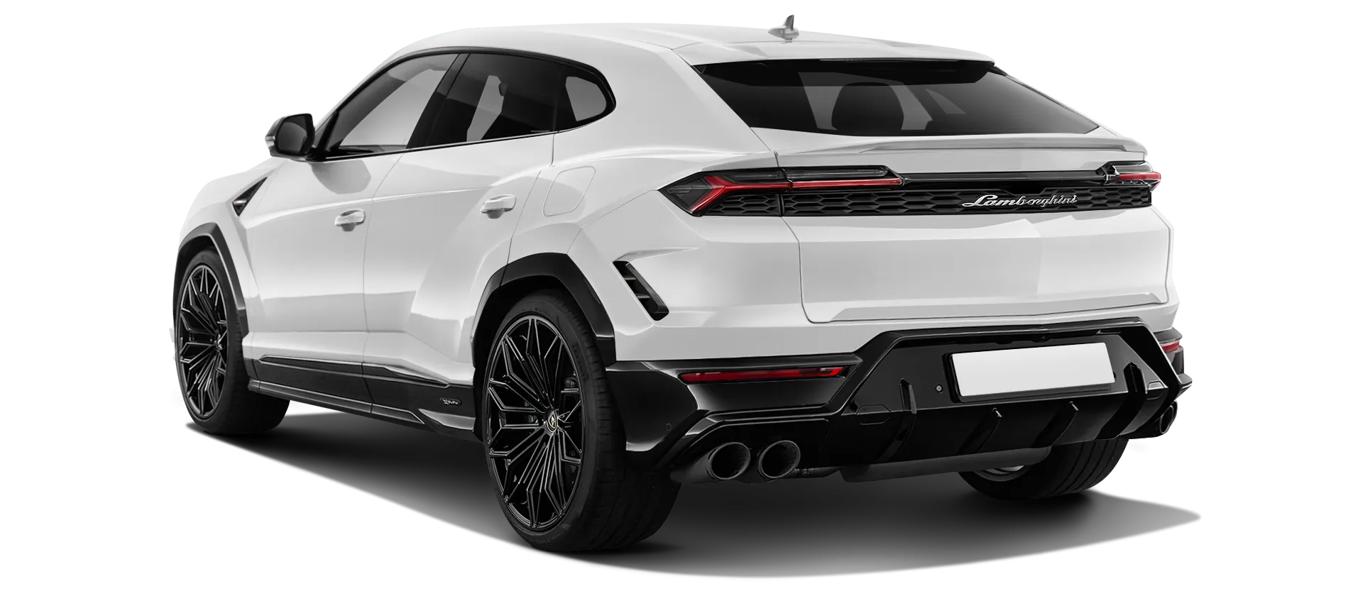 Lamborghini URUS SE stock rear view in Bianco Icarus color