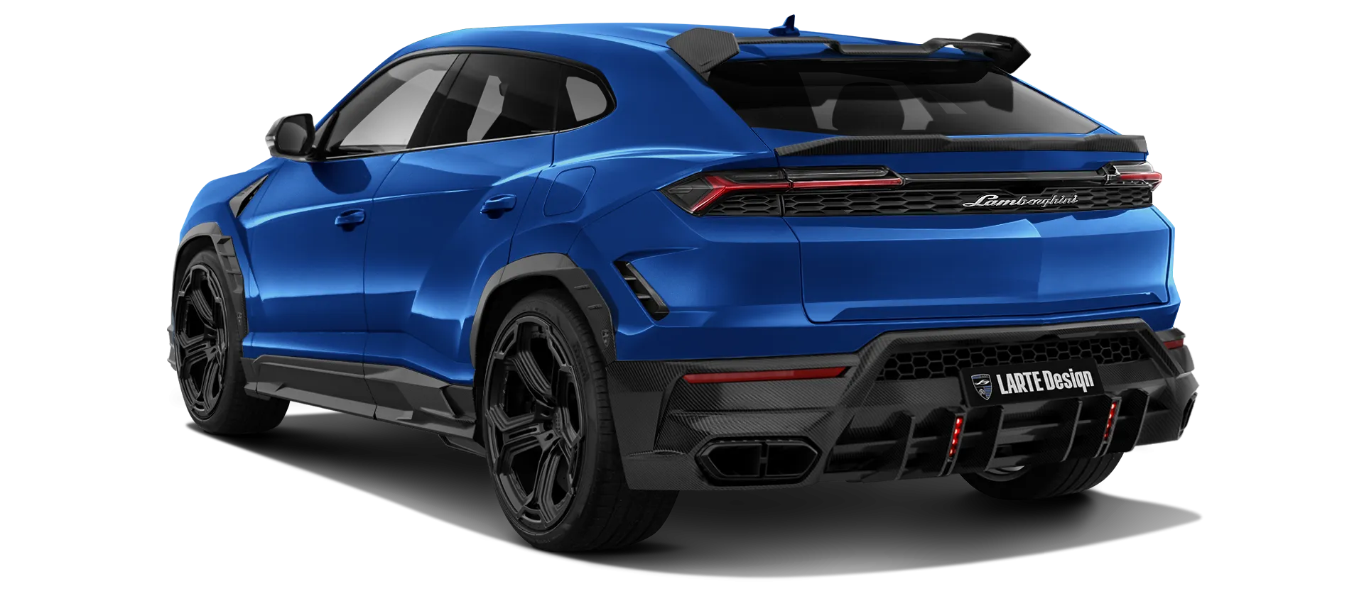 Lamborghini URUS SE with carbon body kit: back view shown in Blu Nethus