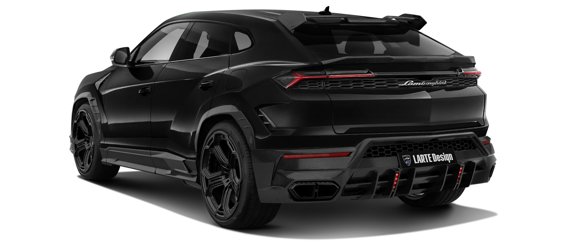 Lamborghini URUS SE with carbon body kit: back view shown in Nero Helene