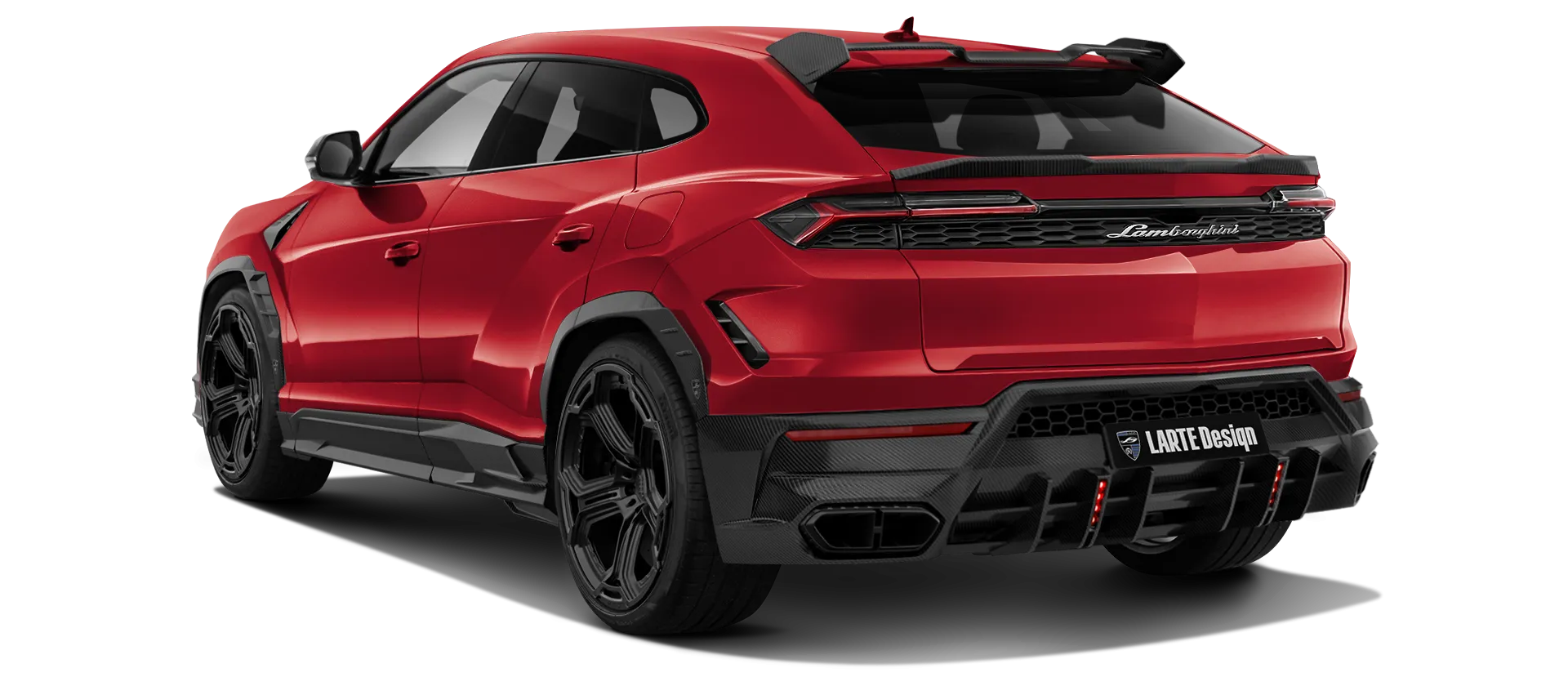 Lamborghini URUS SE with carbon body kit: back view shown in Rosso Anteros