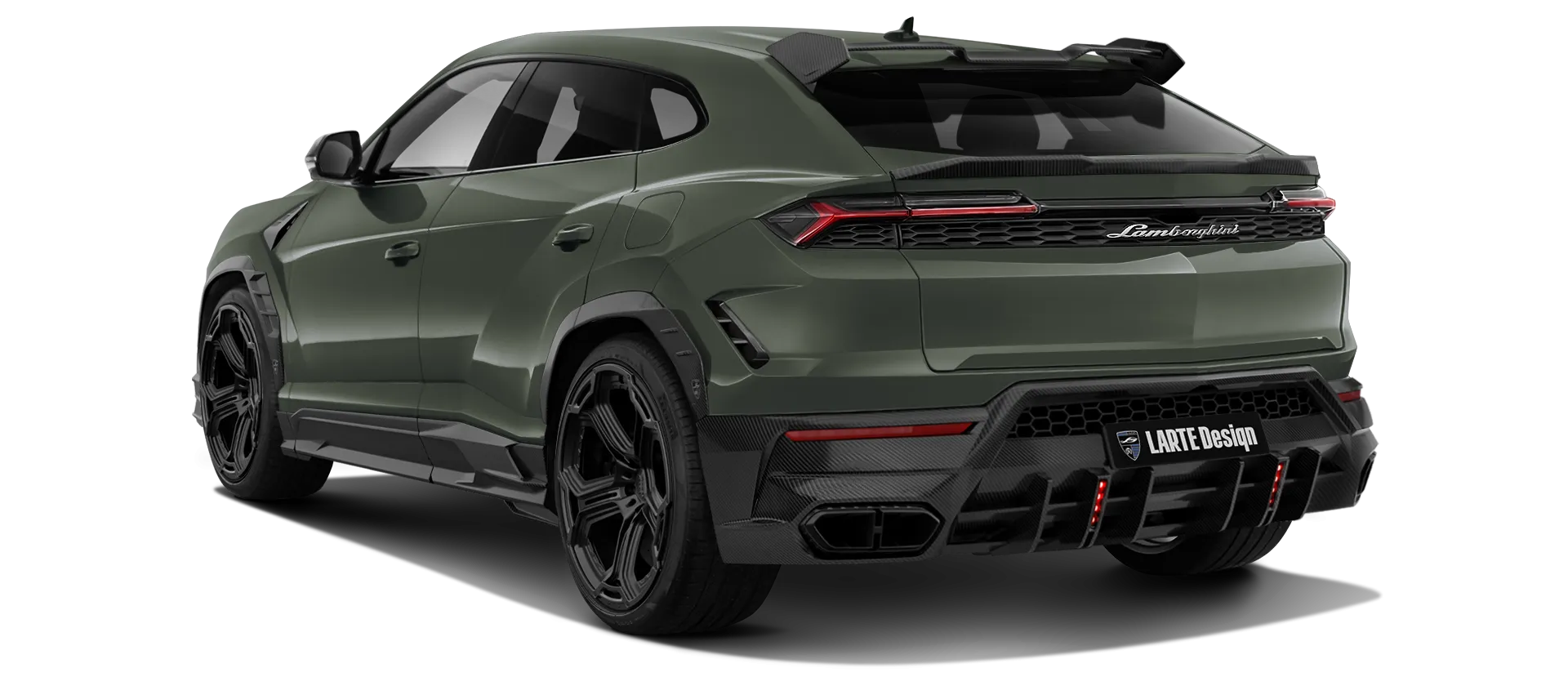 Lamborghini URUS SE with carbon body kit: back view shown in Verde Ermes
