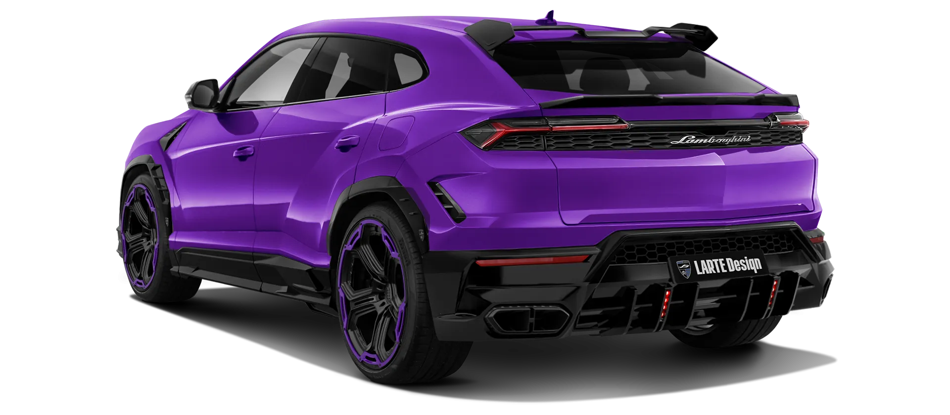 Lamborghini URUS SE with painted body kit: rear view shown in Viola Mitras