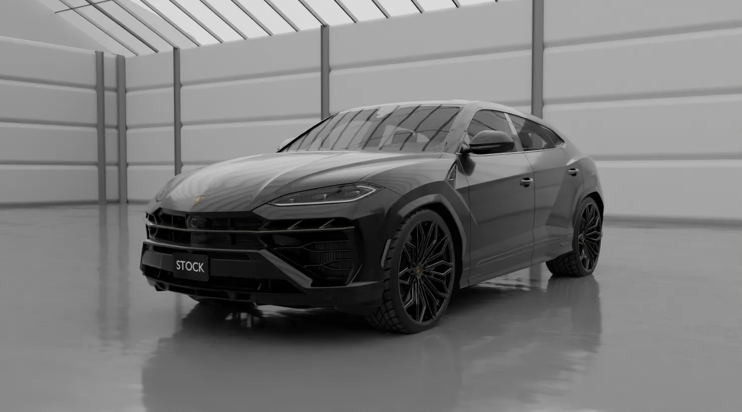 Front angle view on a Lamborghini URUS SE with a body kit giving the car a custom appearance