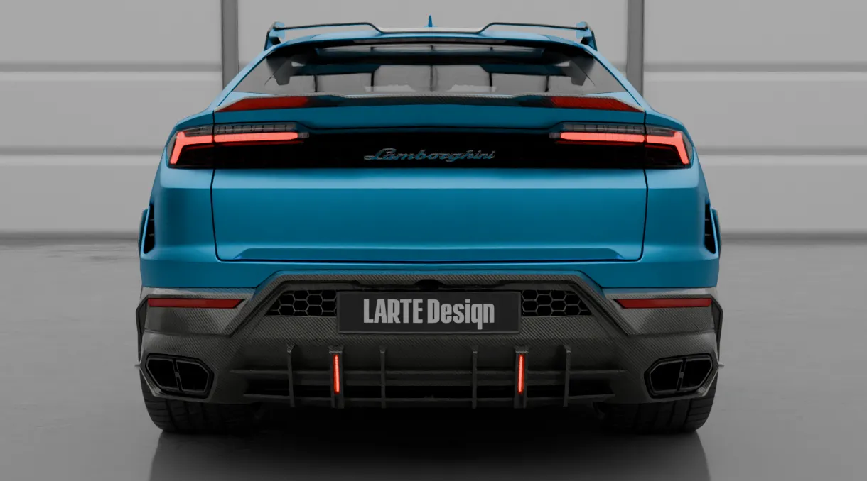 Rear view on a Lamborghini URUS SE with a body kit giving the car a custom appearance