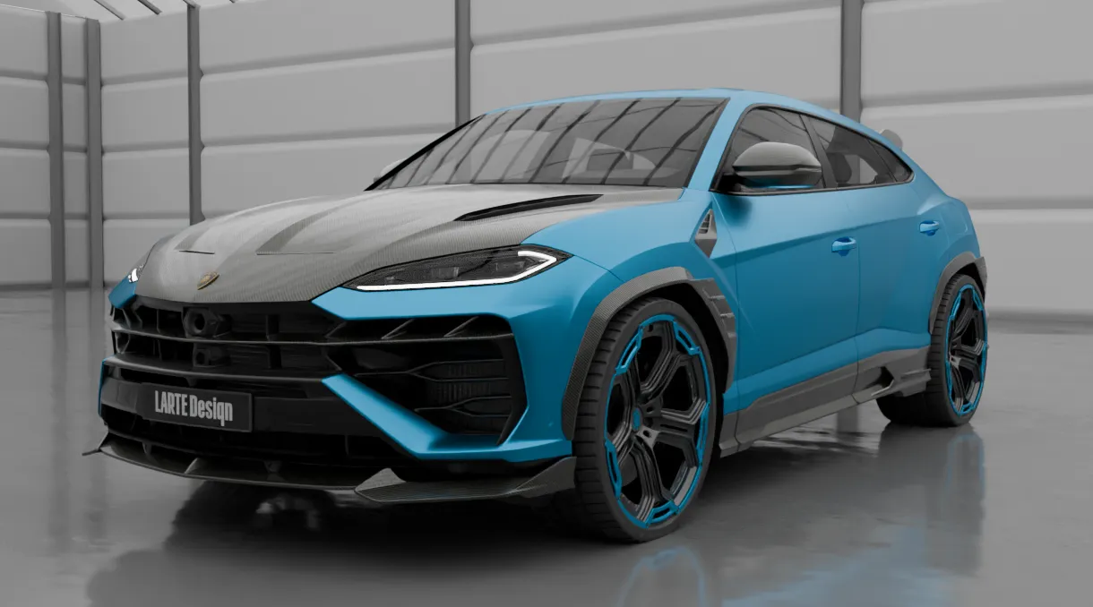 Front angle view on a Lamborghini URUS SE with a body kit giving the car a custom appearance