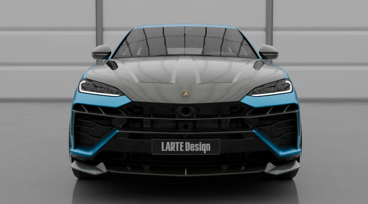 Front view on a Lamborghini URUS SE with a body kit giving the car a custom appearance
