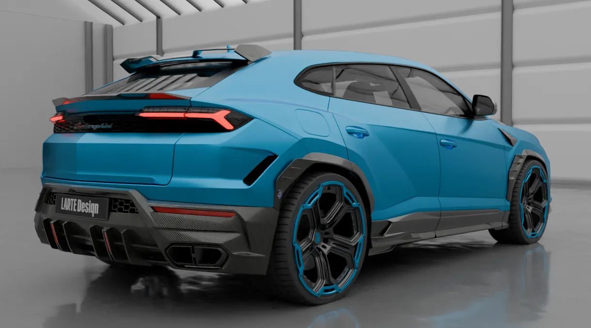 Rear angle view on a Lamborghini URUS SE with a body kit giving the car a custom appearance