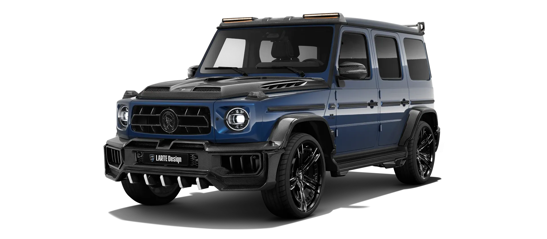 MERCEDES G 63 W463A FACELIFT 2024 - 2026 WIDEBODY with carbon body kit: front view shown in Brilliant Blue