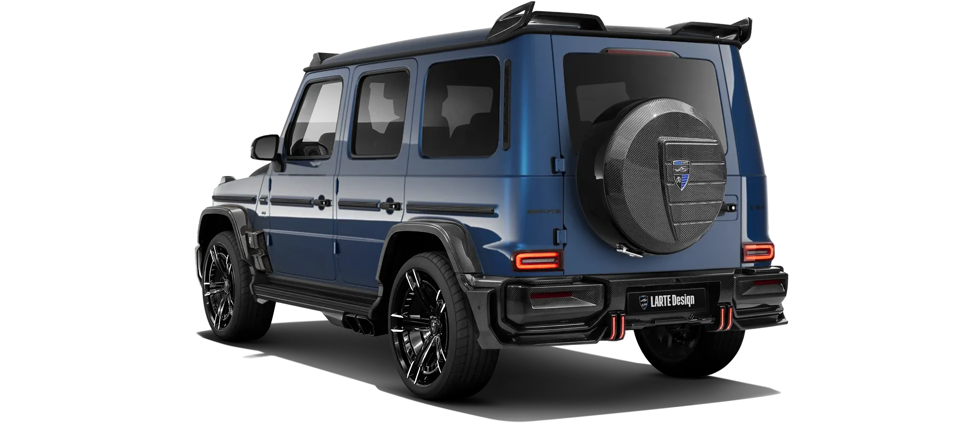 MERCEDES G 63 W463A FACELIFT 2024 - 2026 WIDEBODY with carbon body kit: back view shown in Brilliant Blue