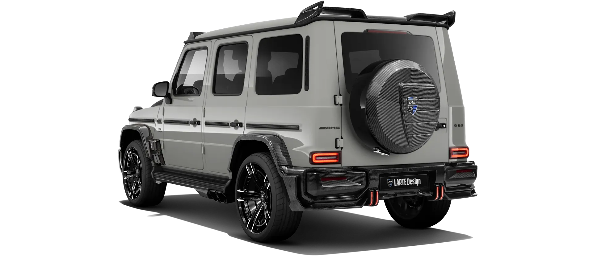 MERCEDES G 63 W463A FACELIFT 2024 - 2026 WIDEBODY with carbon body kit: back view shown in Classic Grey